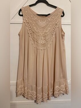 Sleeveless Crochet Yoke Mini Dress - Soft Beige